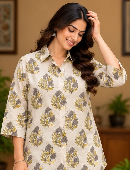 Women’s Beige Botanical Handblock Cotton PrintedShirt