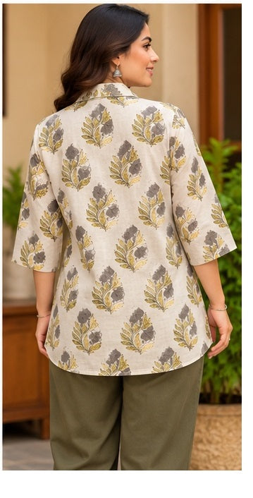 Women’s Beige Botanical Handblock Cotton PrintedShirt