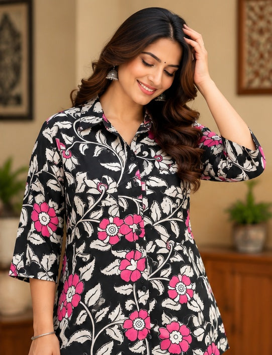 Women’s Black Floral Handblock Cotton Printed Shirt with Pink Flowers