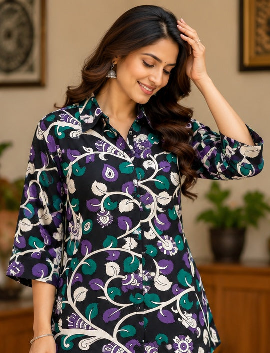 Women’s Black Floral Handblock Cotton Printed Shirt
