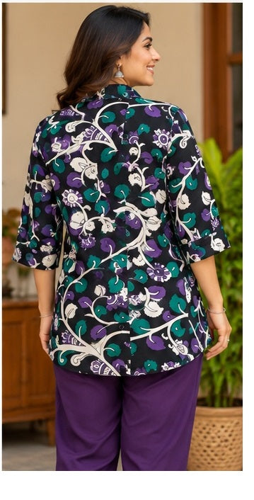 Women’s Black Floral Handblock Cotton Printed Shirt