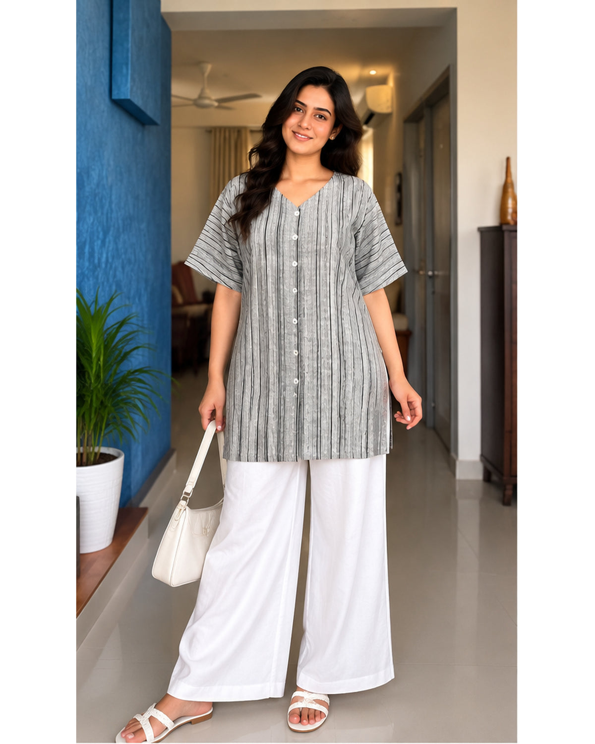 Premium Grey Striped Linen Free Size Kurta