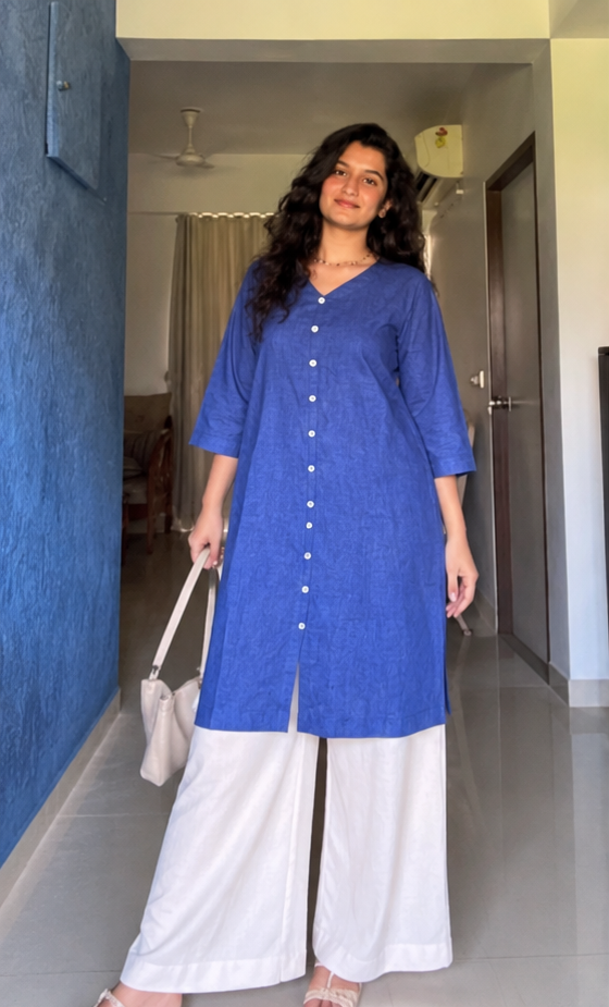 Premium Blue Cotton Kurta Set with Free Style