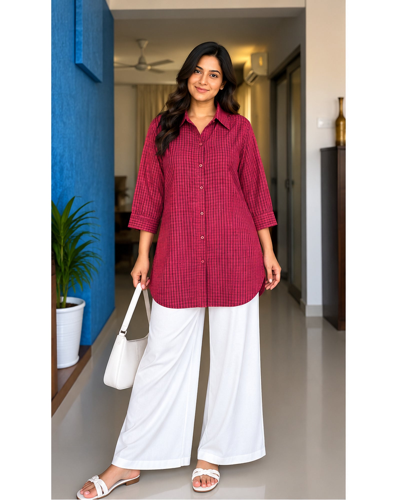 Premium Magenta Checked Linen Shirt Kurta