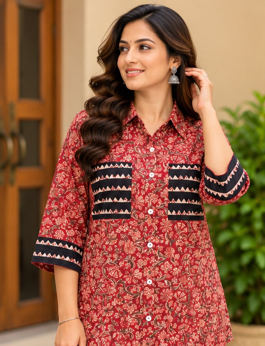 Women’s Maroon Floral Handblock Cotton PrintedShirt with Geometric Detailing