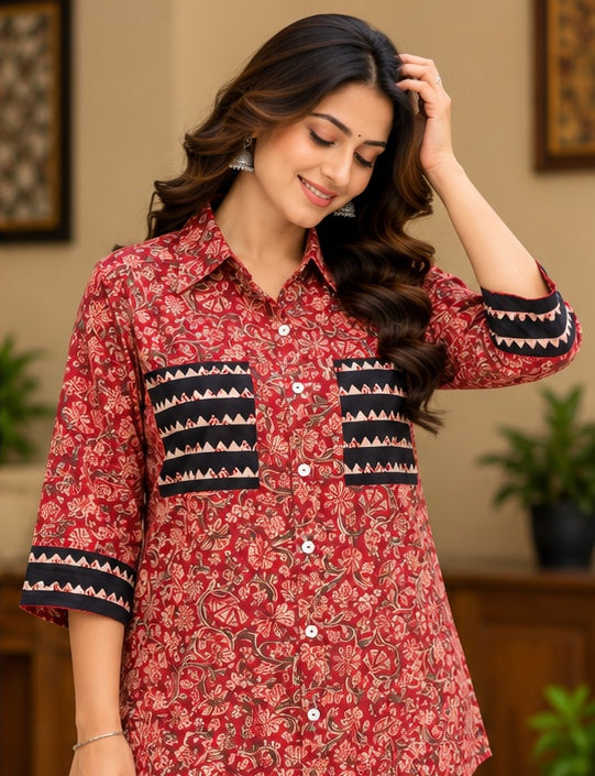 Women’s Maroon Floral Handblock Cotton PrintedShirt with Geometric Detailing