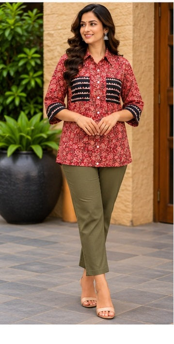 Women’s Maroon Floral Handblock Cotton PrintedShirt with Geometric Detailing