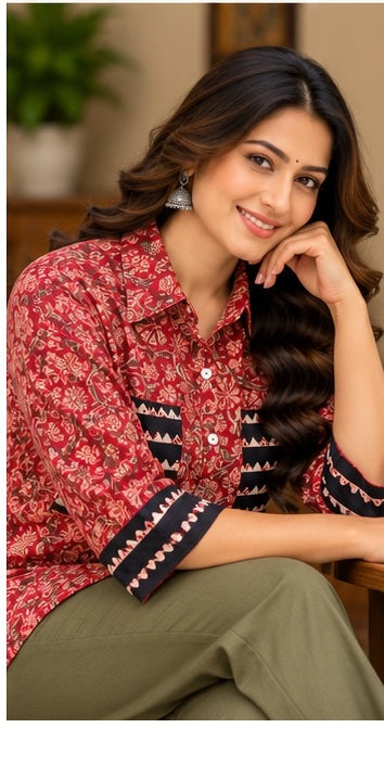 Women’s Maroon Floral Handblock Cotton PrintedShirt with Geometric Detailing