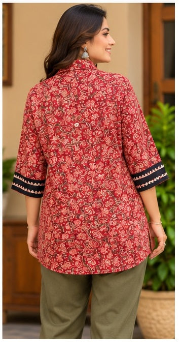 Women’s Maroon Floral Handblock Cotton PrintedShirt with Geometric Detailing