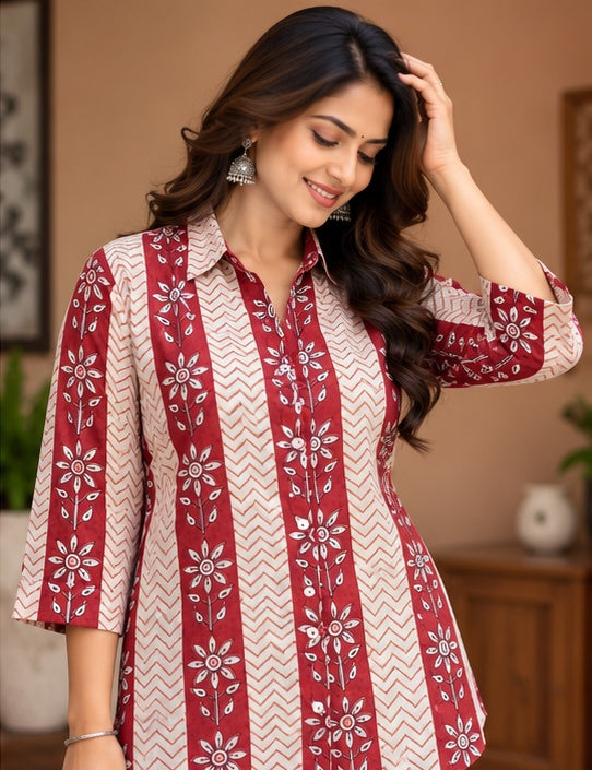Women’s Maroon Floral Handblock Cotton Printed Shirt with Button Front