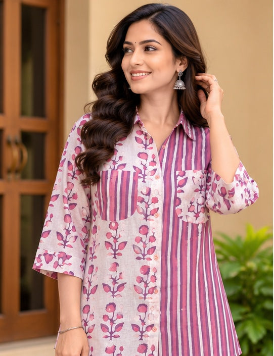 Women’s Mauve Floral & Striped Handblock Cotton Printed Shirt