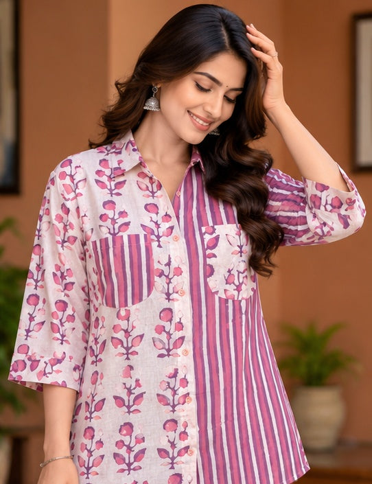 Women’s Mauve Floral & Striped Handblock Cotton Printed Shirt