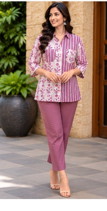 Women’s Mauve Floral & Striped Handblock Cotton Printed Shirt