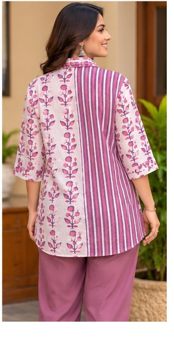 Women’s Mauve Floral & Striped Handblock Cotton Printed Shirt