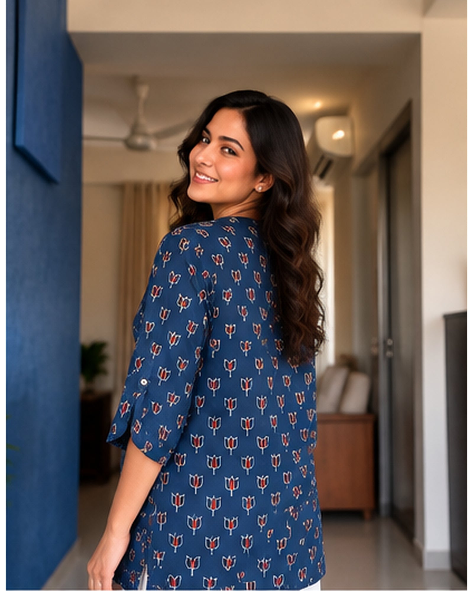 Premium Navy Blue Printed Linen Free Size Kurta