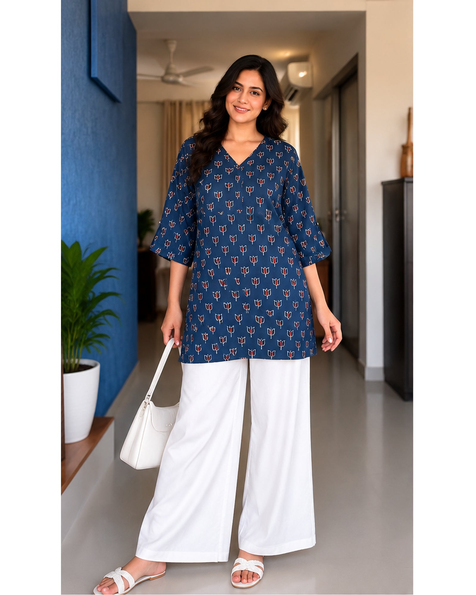 Premium Navy Blue Printed Linen Free Size Kurta