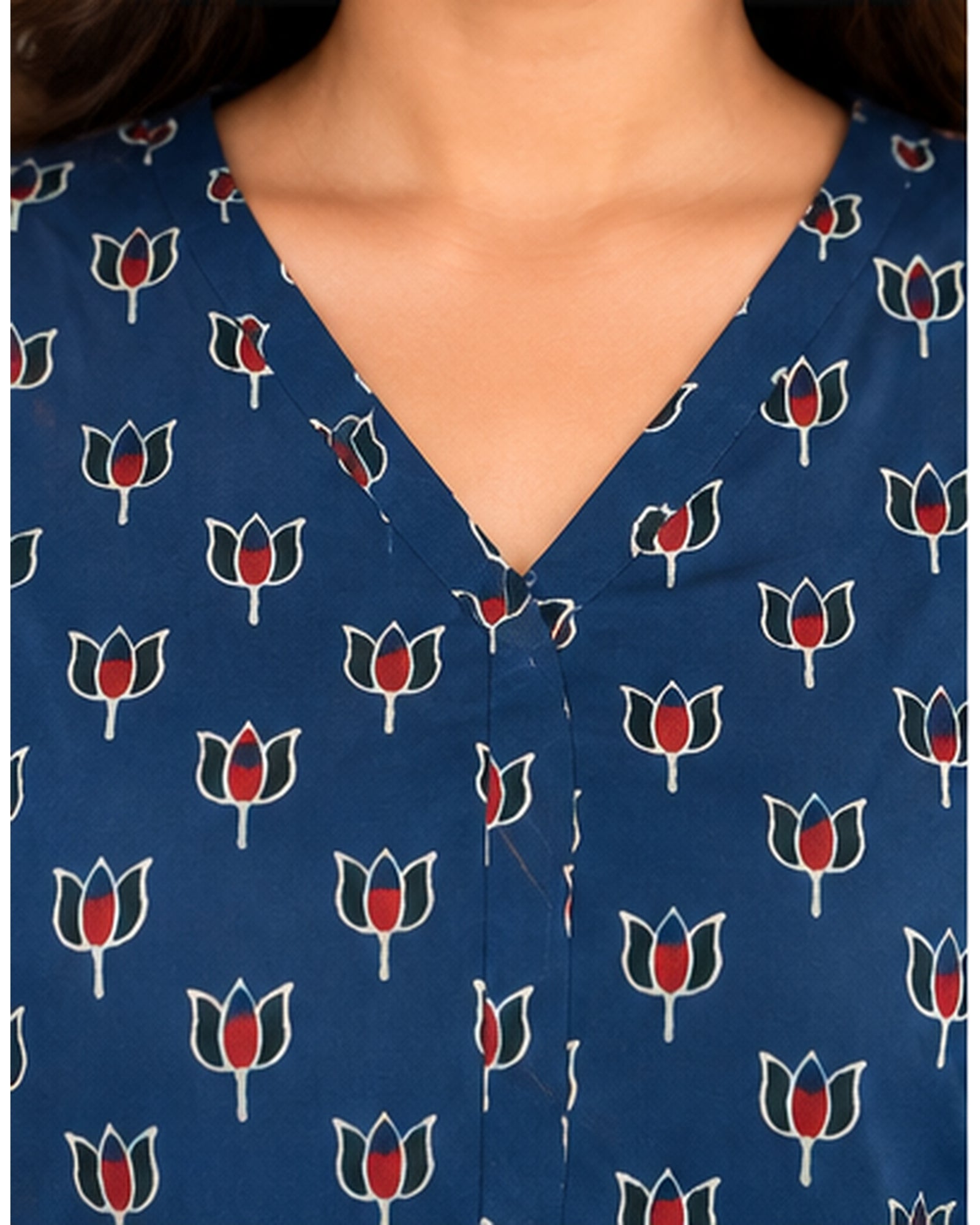 Premium Navy Blue Printed Linen Free Size Kurta
