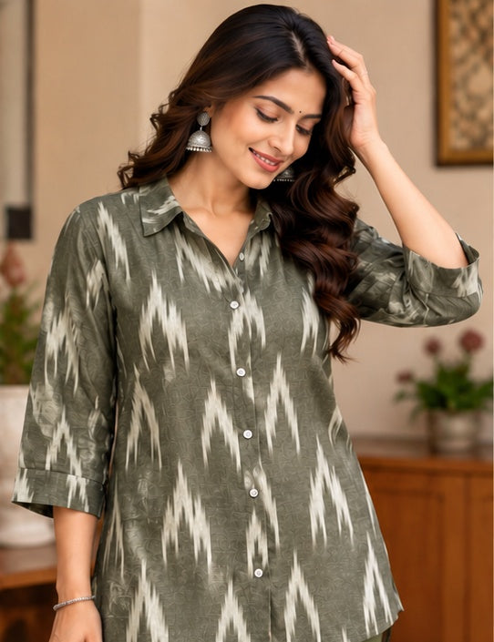 Women’s Olive Green Ikkat Cotton Printed Shirt with Button Front