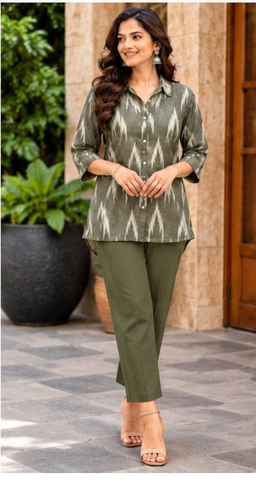 Women’s Olive Green Ikkat Cotton Printed Shirt with Button Front