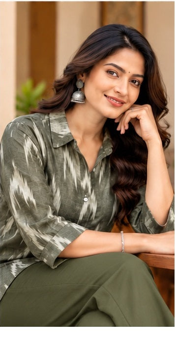 Women’s Olive Green Ikkat Cotton Printed Shirt with Button Front