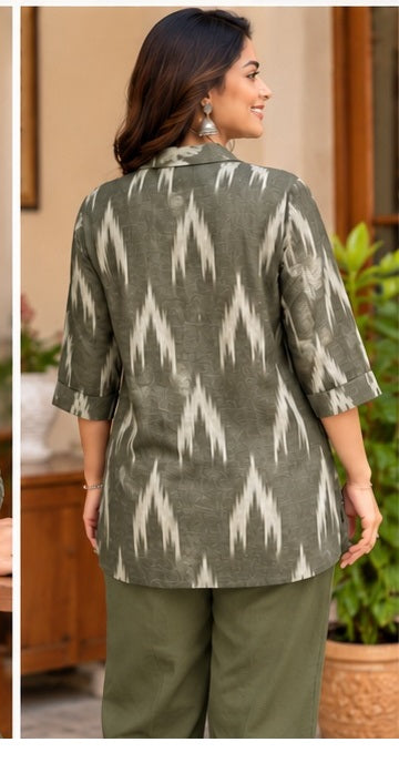 Women’s Olive Green Ikkat Cotton Printed Shirt with Button Front