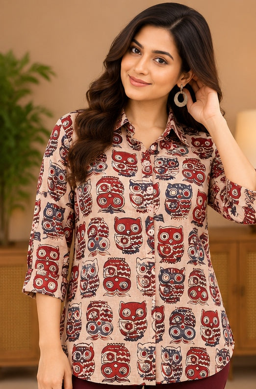 Women’s Handblock Cotton Printed Owl Pattern Full-Sleeve Shirt