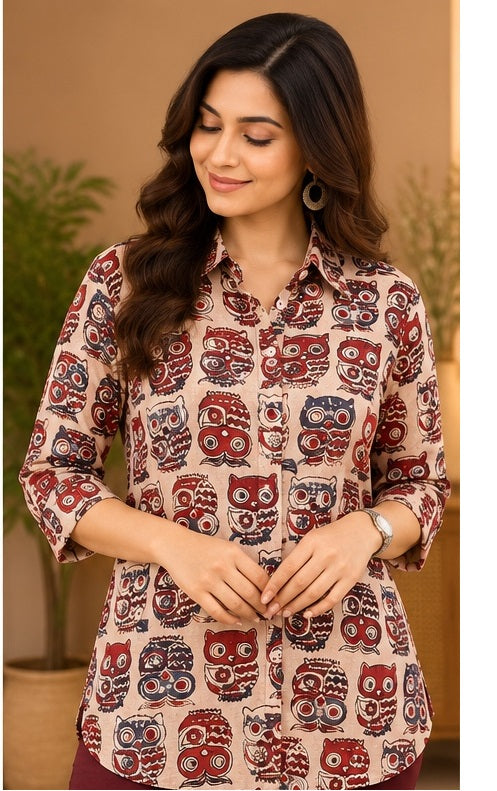 Women’s Handblock Cotton Printed Owl Pattern Full-Sleeve Shirt