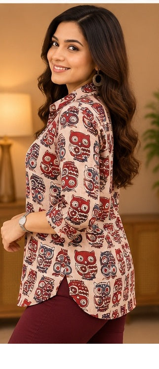 Women’s Handblock Cotton Printed Owl Pattern Full-Sleeve Shirt
