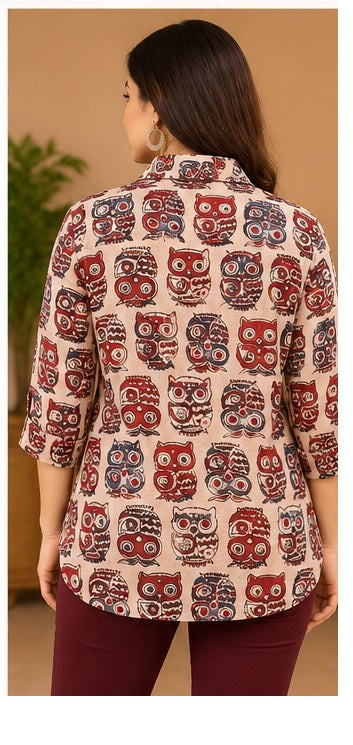 Women’s Handblock Cotton Printed Owl Pattern Full-Sleeve Shirt
