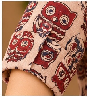 Women’s Handblock Cotton Printed Owl Pattern Full-Sleeve Shirt