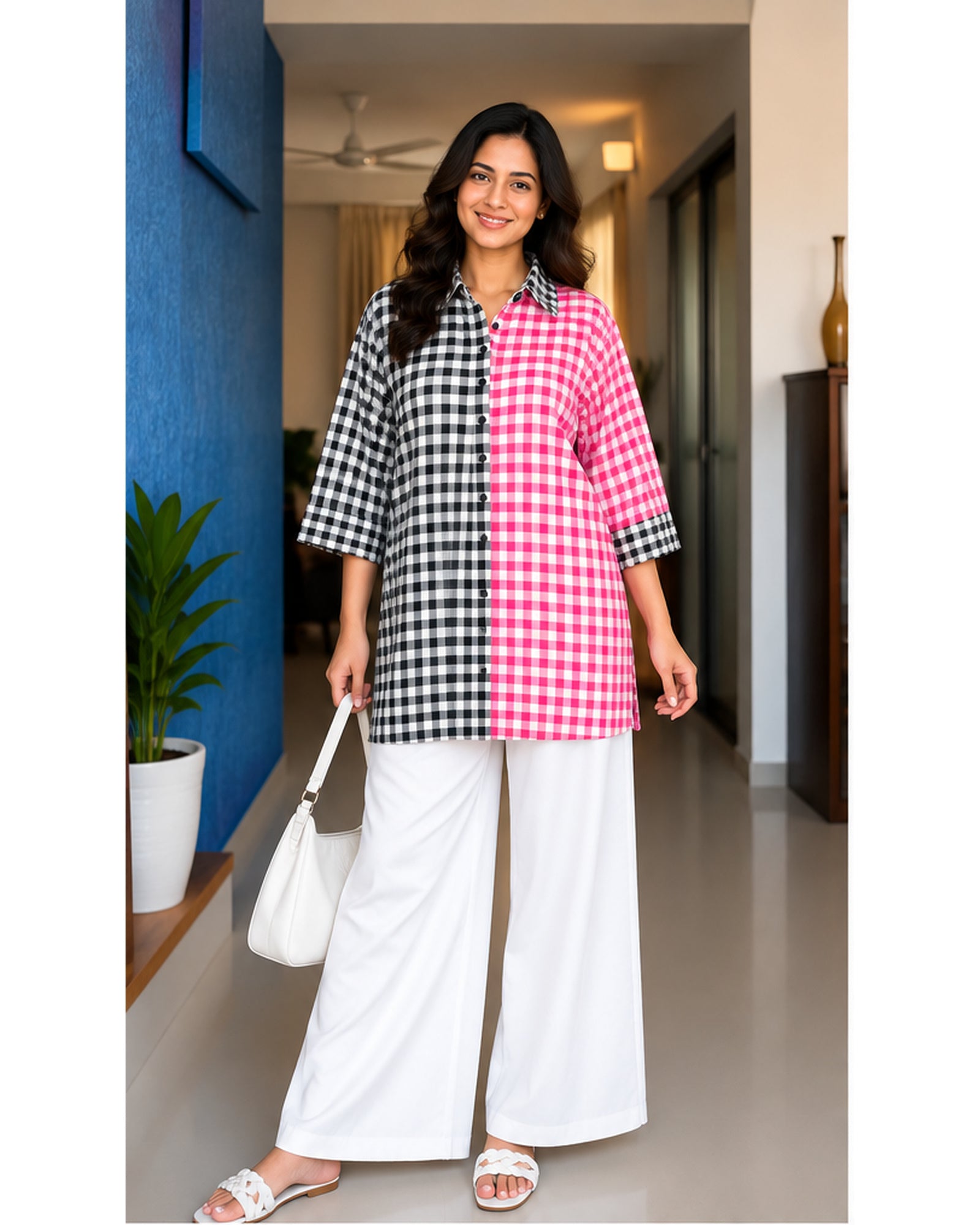 Premium Pink & Black Checkered Linen Shirt