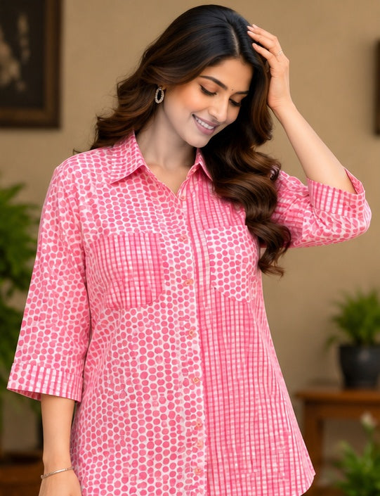 Women’s Pink Handblock Cotton Printed Shirt with Polka Dot & Checkered Design