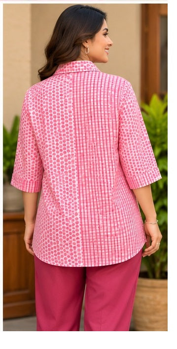 Women’s Pink Handblock Cotton Printed Shirt with Polka Dot & Checkered Design