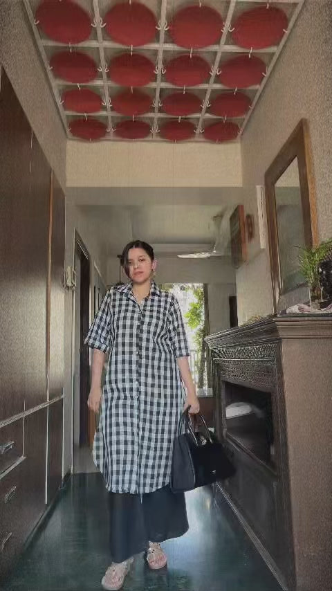 Pure Khadi Black & White Checkered Shirt Dress for Women