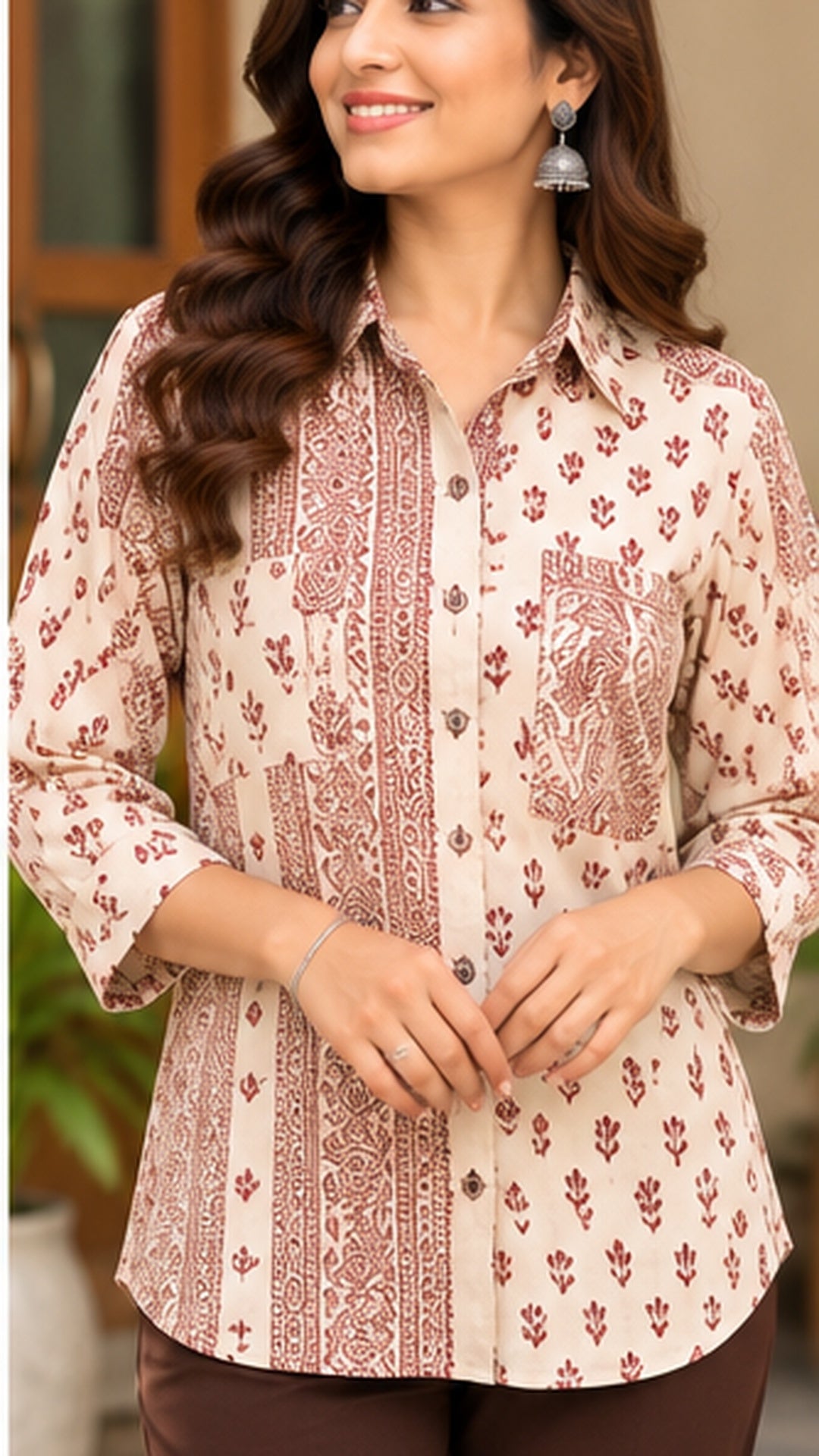 Women’s Handblock Printed Cotton Shirt with Floral & Paisley Pattern