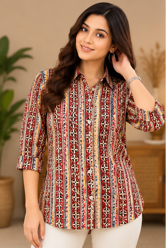 Women’s Multicolor Ethnic Handblock Cotton PrintedFull-Sleeve Shirt
