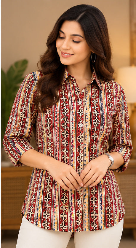 Women’s Multicolor Ethnic Handblock Cotton PrintedFull-Sleeve Shirt