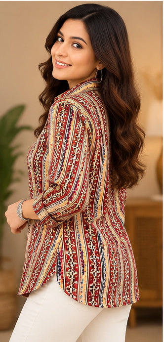Women’s Multicolor Ethnic Handblock Cotton PrintedFull-Sleeve Shirt