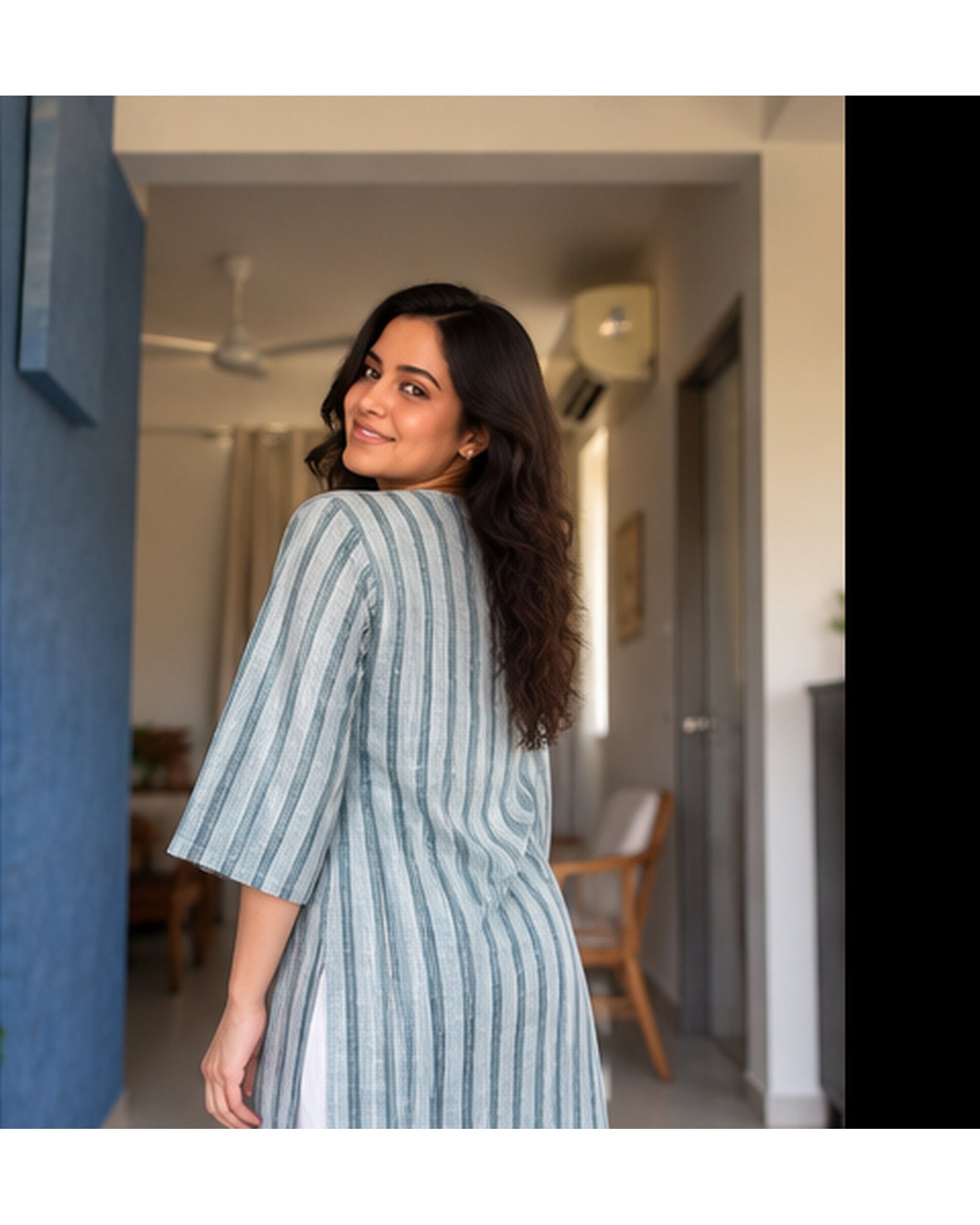 Premium Sage Green Striped Kurta with Lilen Notch Neckline