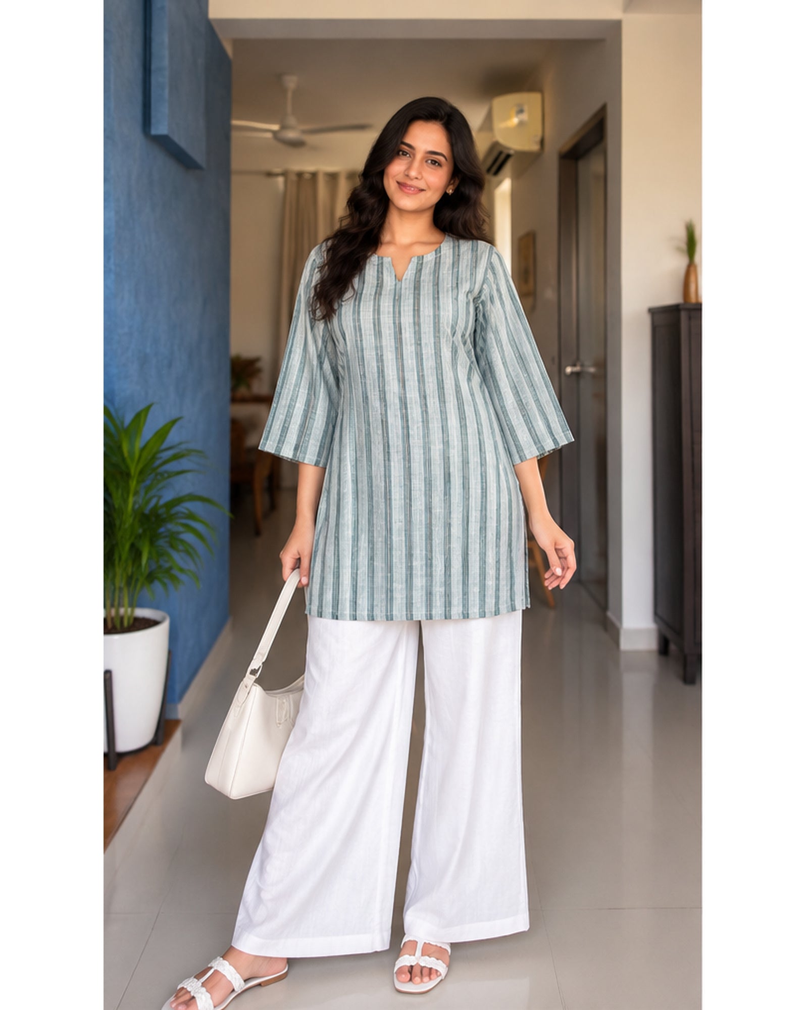 Premium Sage Green Striped Kurta with Lilen Notch Neckline