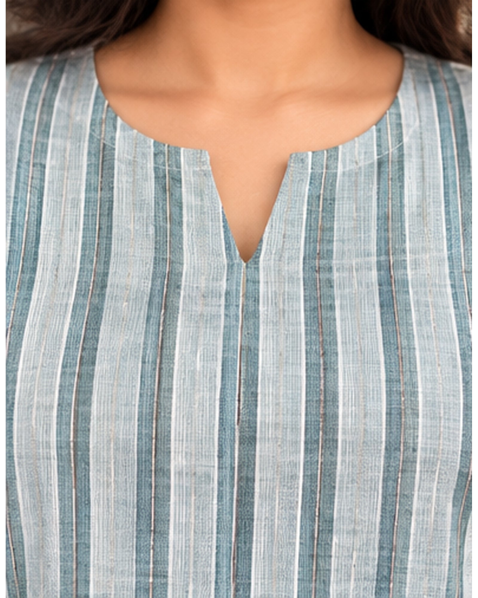 Premium Sage Green Striped Kurta with Lilen Notch Neckline