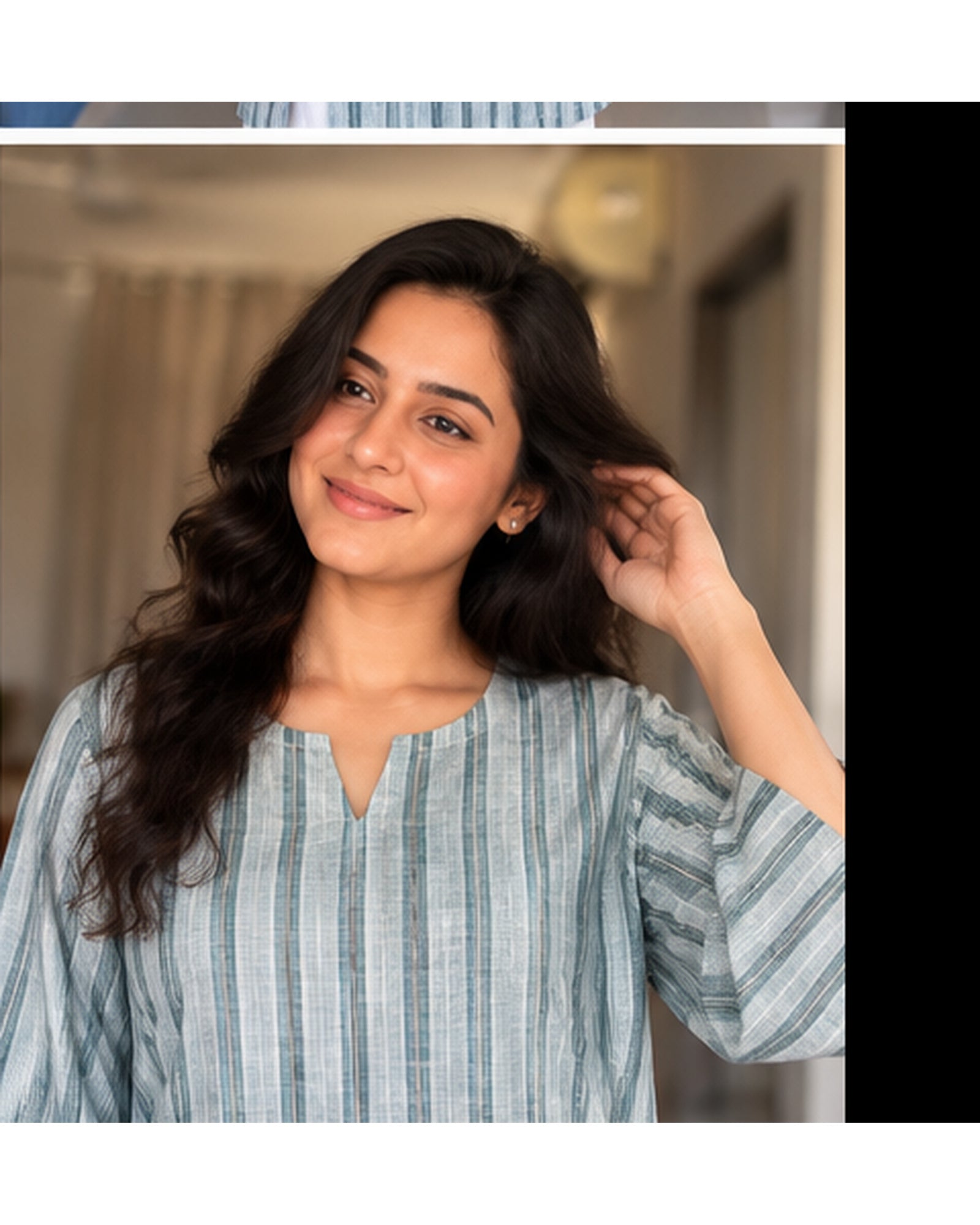 Premium Sage Green Striped Kurta with Lilen Notch Neckline