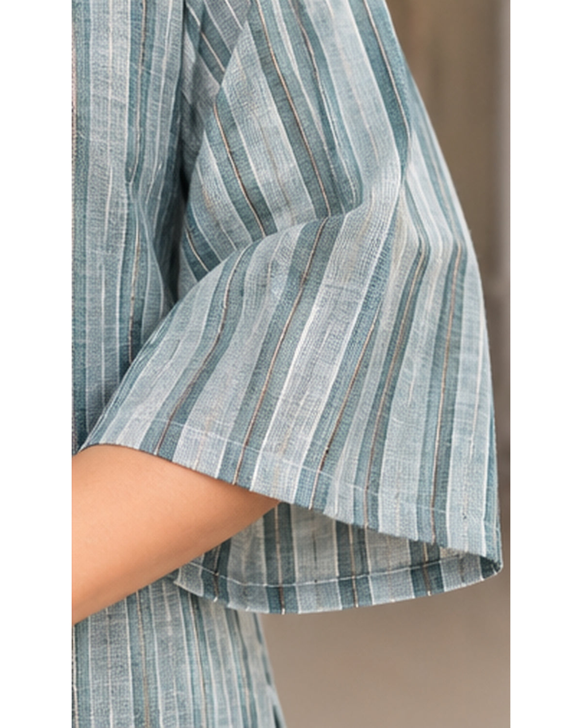 Premium Sage Green Striped Kurta with Lilen Notch Neckline