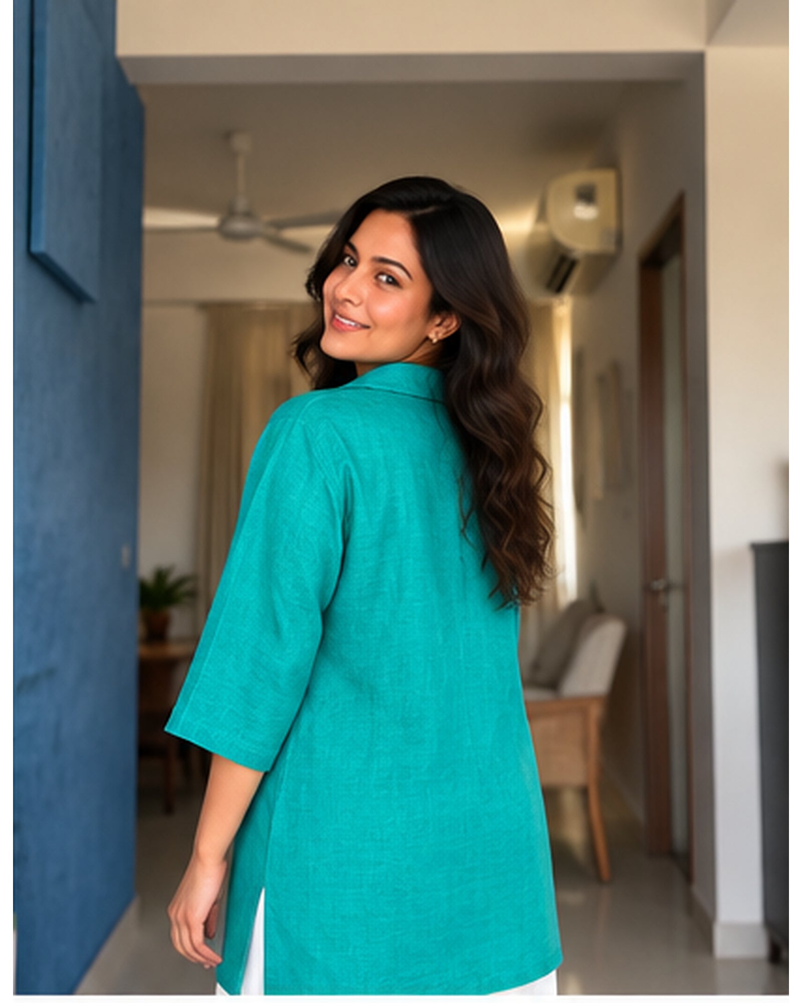 Premium Teal Linen Free Size Kurta