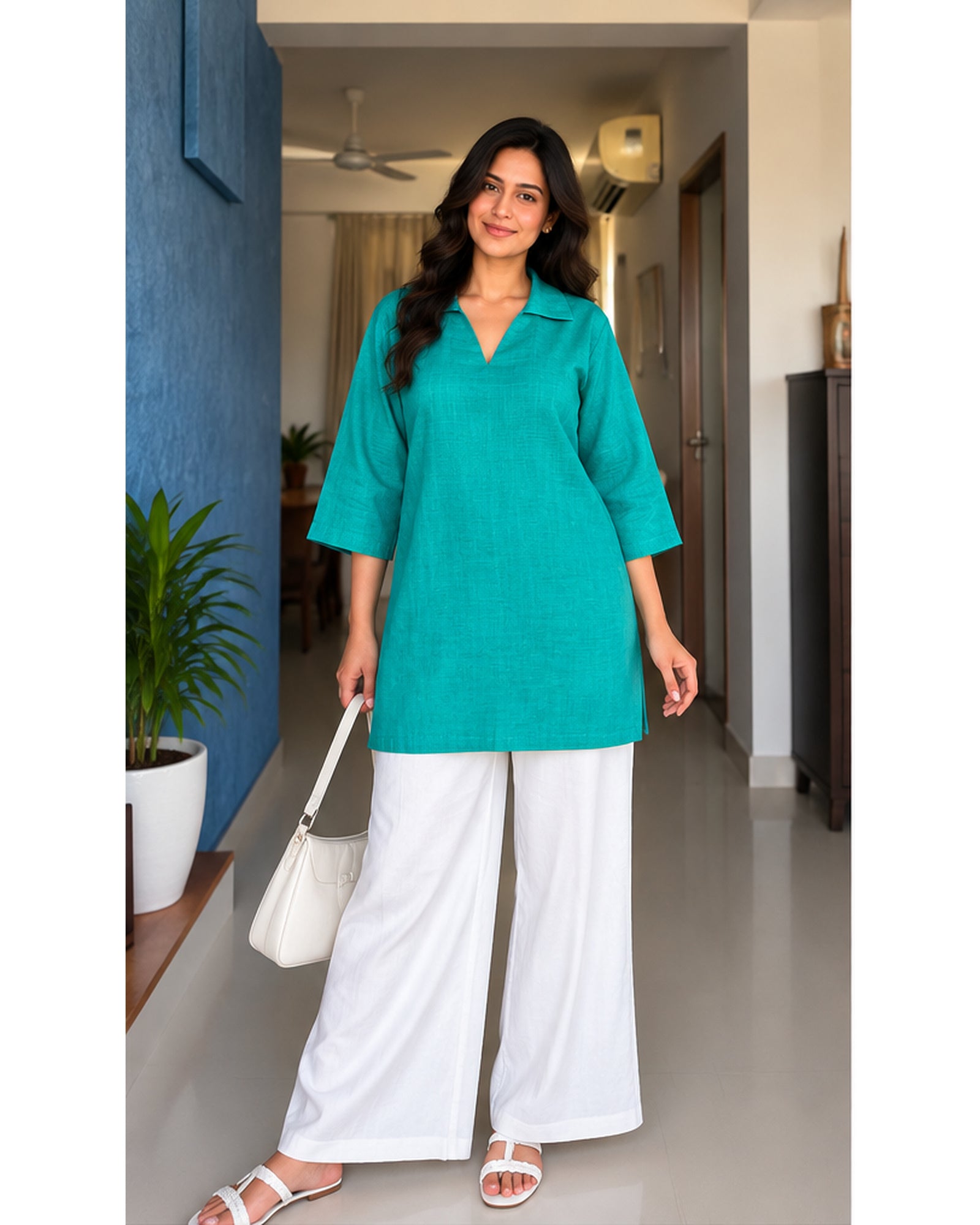 Premium Teal Linen Free Size Kurta